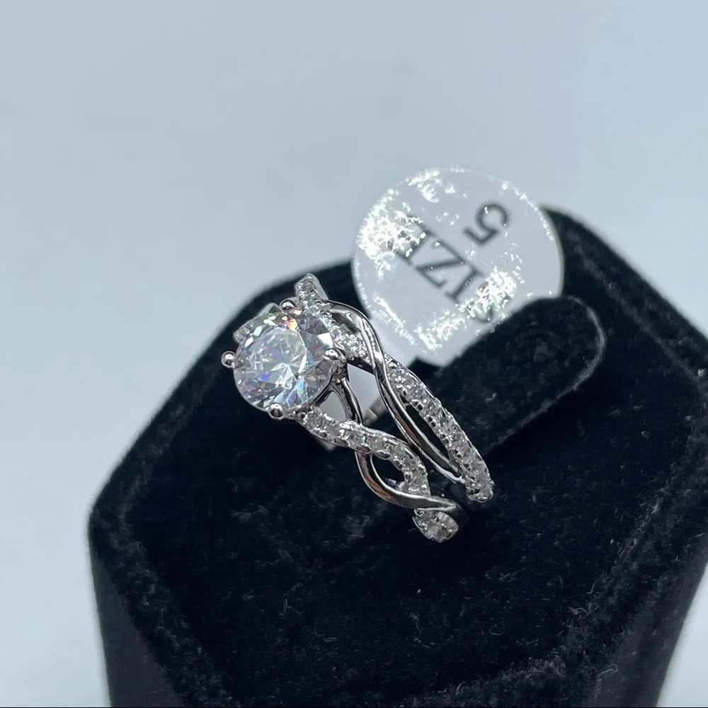 925 Sterling Silver Round Cut Diamond Elegant 2 Band Wedding Ring Set 5
